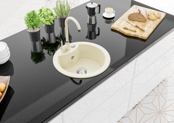 Granitini izlietnes ar apaļu jaucējkrānu