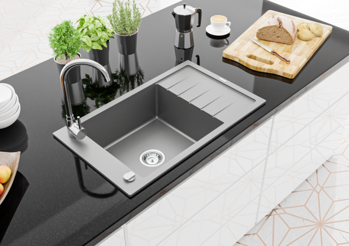 izlietne ar virtuves bateriju