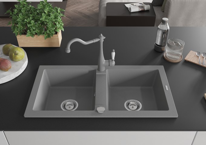 Pelēkas granīta izlietnes ar divām kamerām