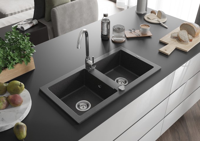 Granīta dubultkameras melnās izlietnes