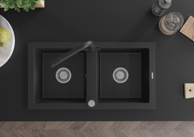 Granīta dubultkameras melnās izlietnes