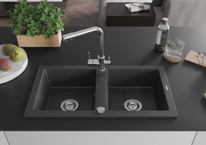 Granīta dubultkameras melnās izlietnes