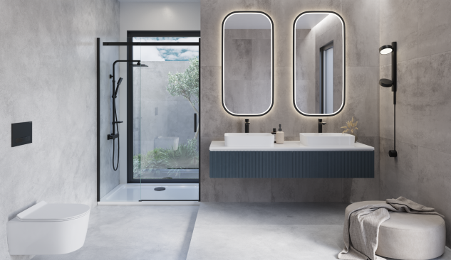 Moderns vannas istaba ar diviem galda virsmas izlietnēm