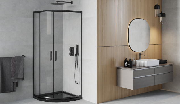 Melna pusapaļa kabīne minimālistiskā stilā