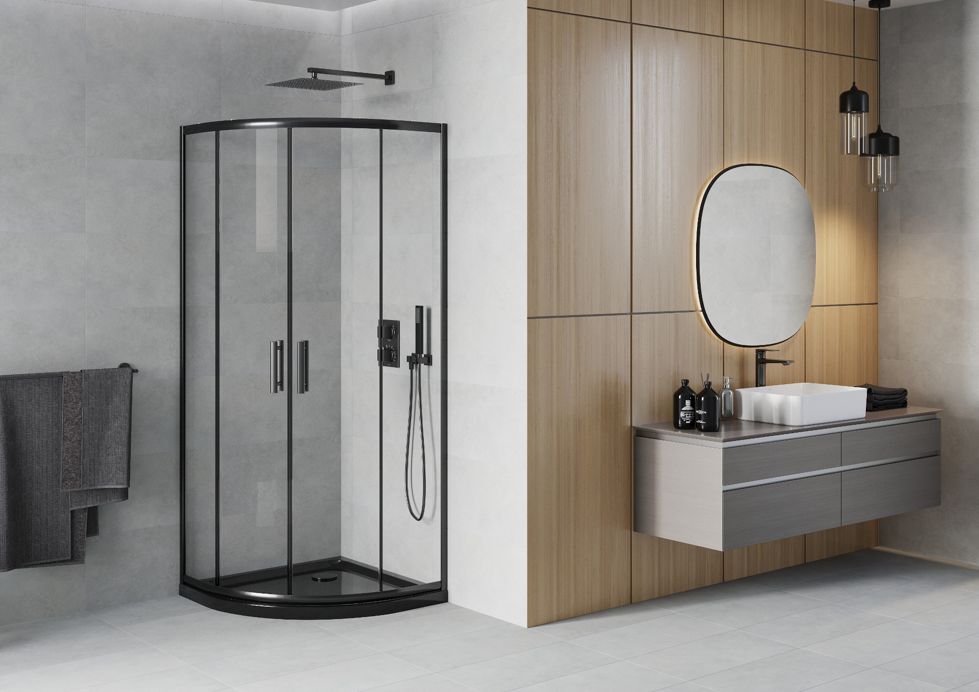 Melna pusapaļa kabīne minimālistiskā stilā