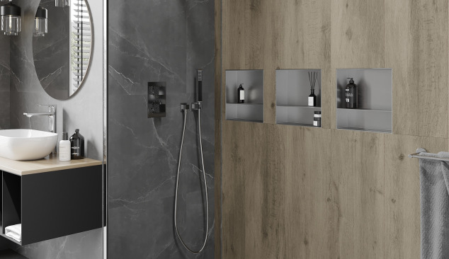 Iebūvētie plaukti - ideāls papildinājums vannas istabai mūsdienīgā iekārtojumā