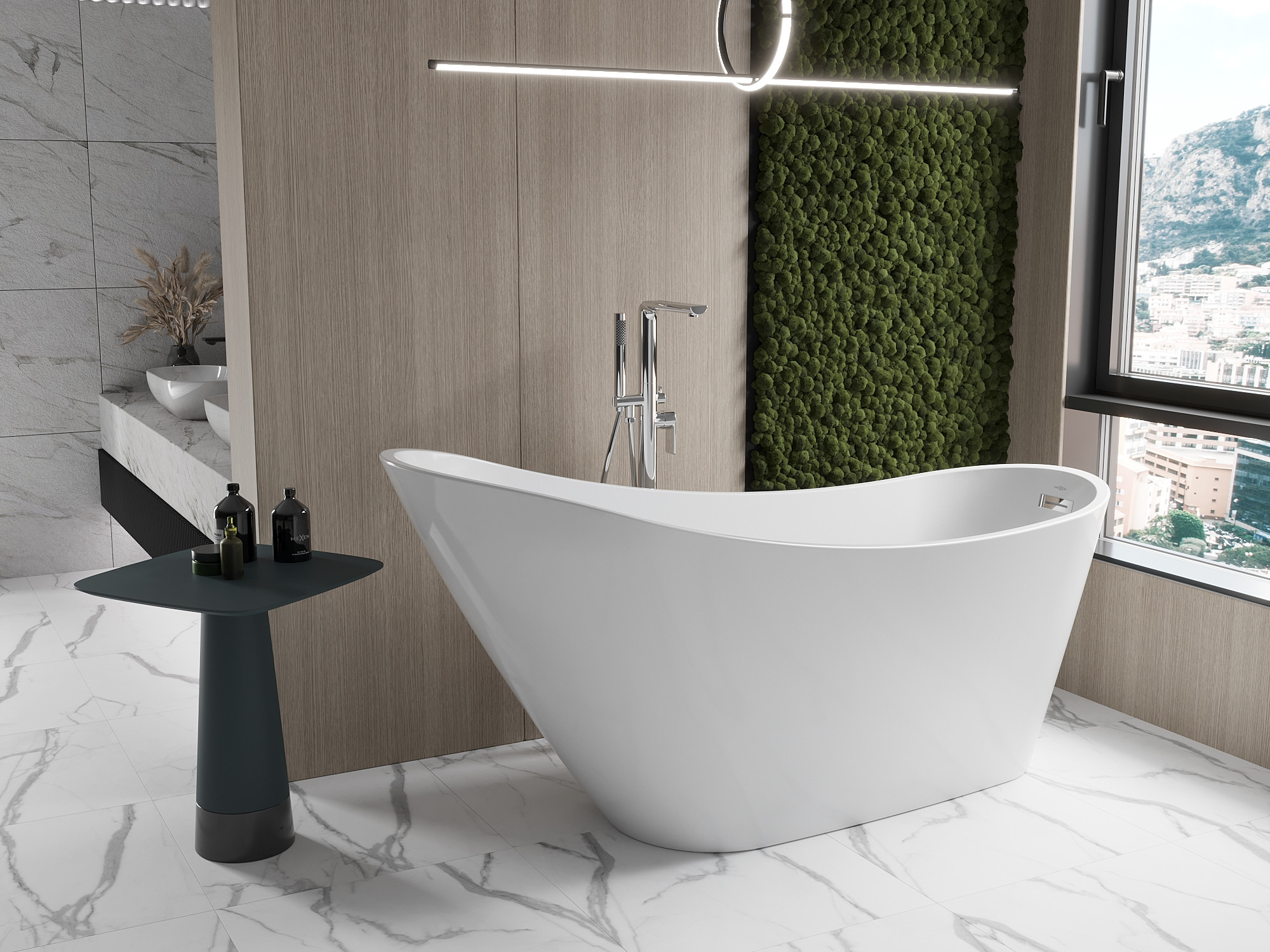 Mājīga vannas istaba Zemes toņos - siena no sūnām