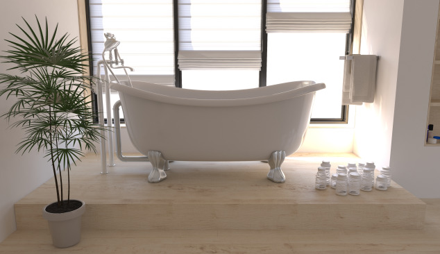 Koka grīda baltā vannas istabā