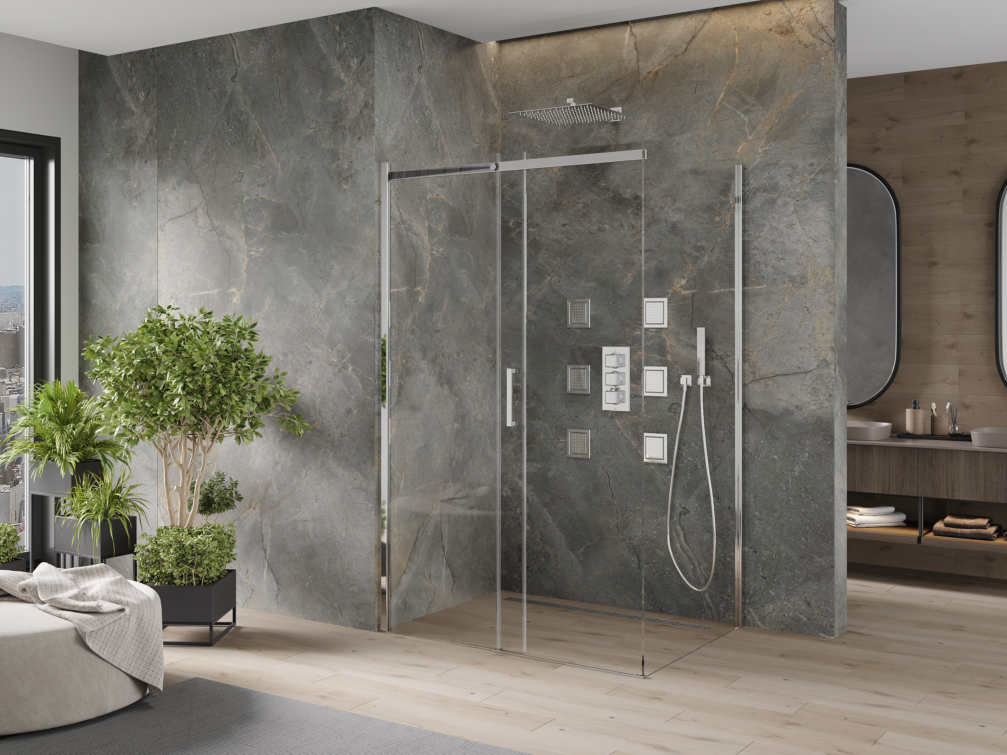 Minimālistiska akmens dušas kabīne