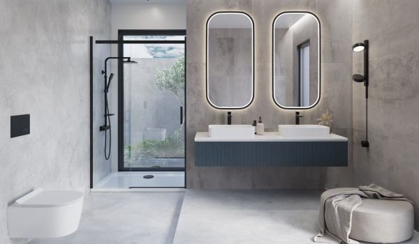 Mūsdienīga vannas istaba ar diviem virsmas mazgātuvēm