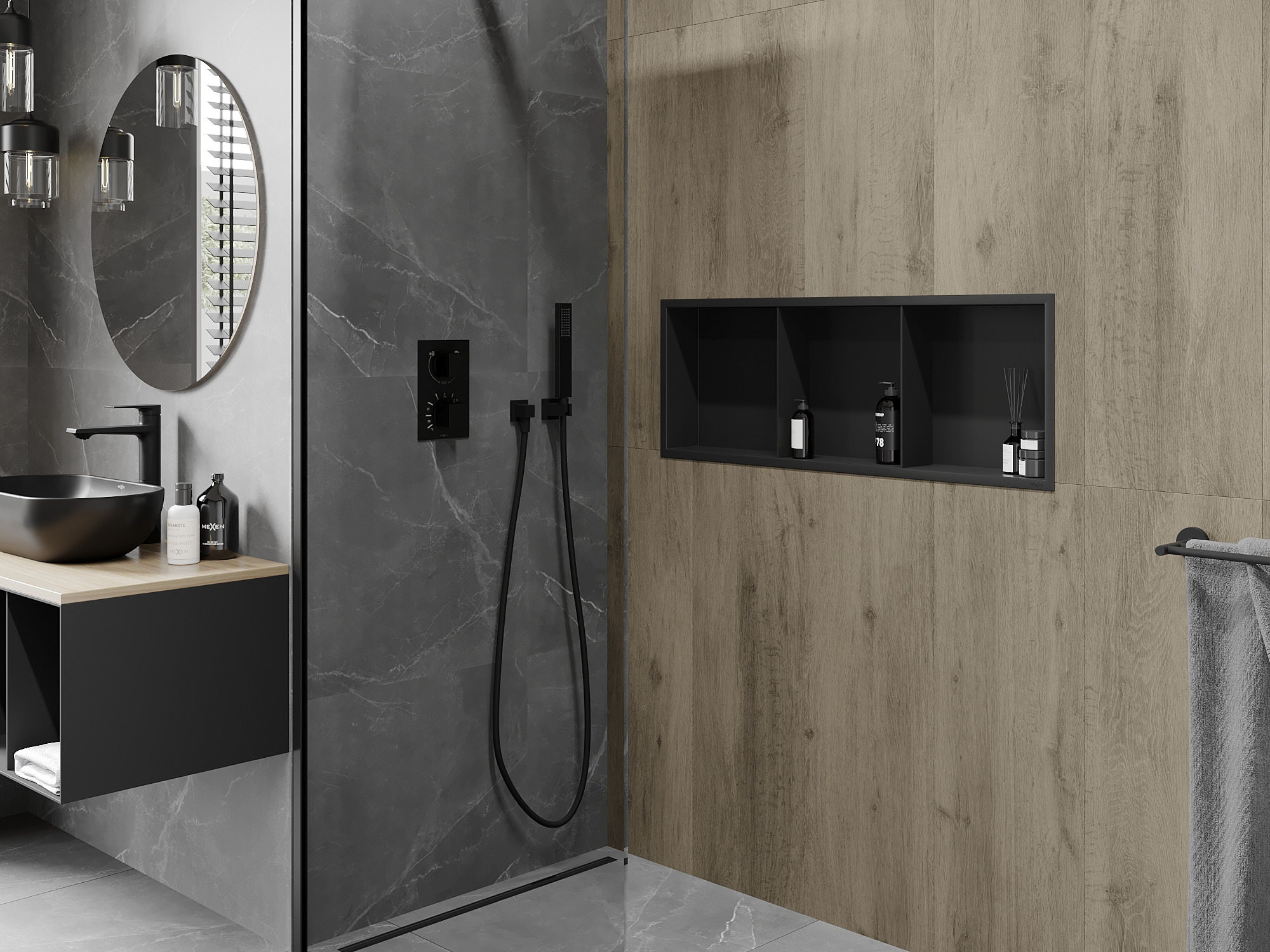 Industriāla vannas istaba ar iebūvētu dušas plauktu