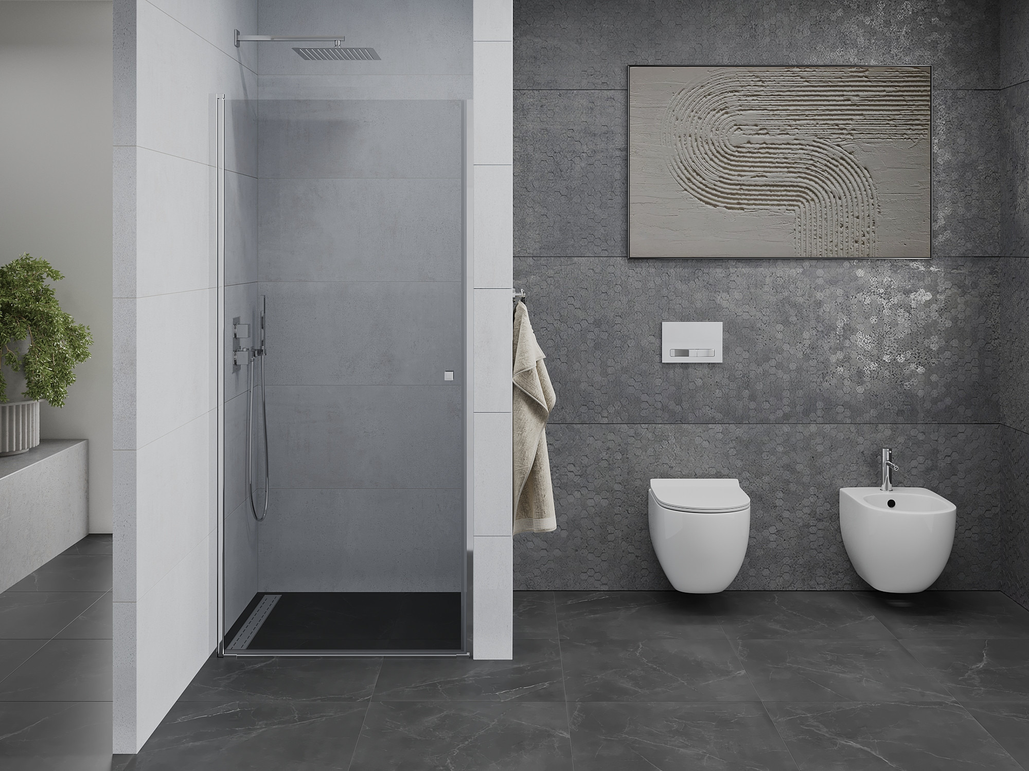 Plaša vannas istaba ar dušas durvīm