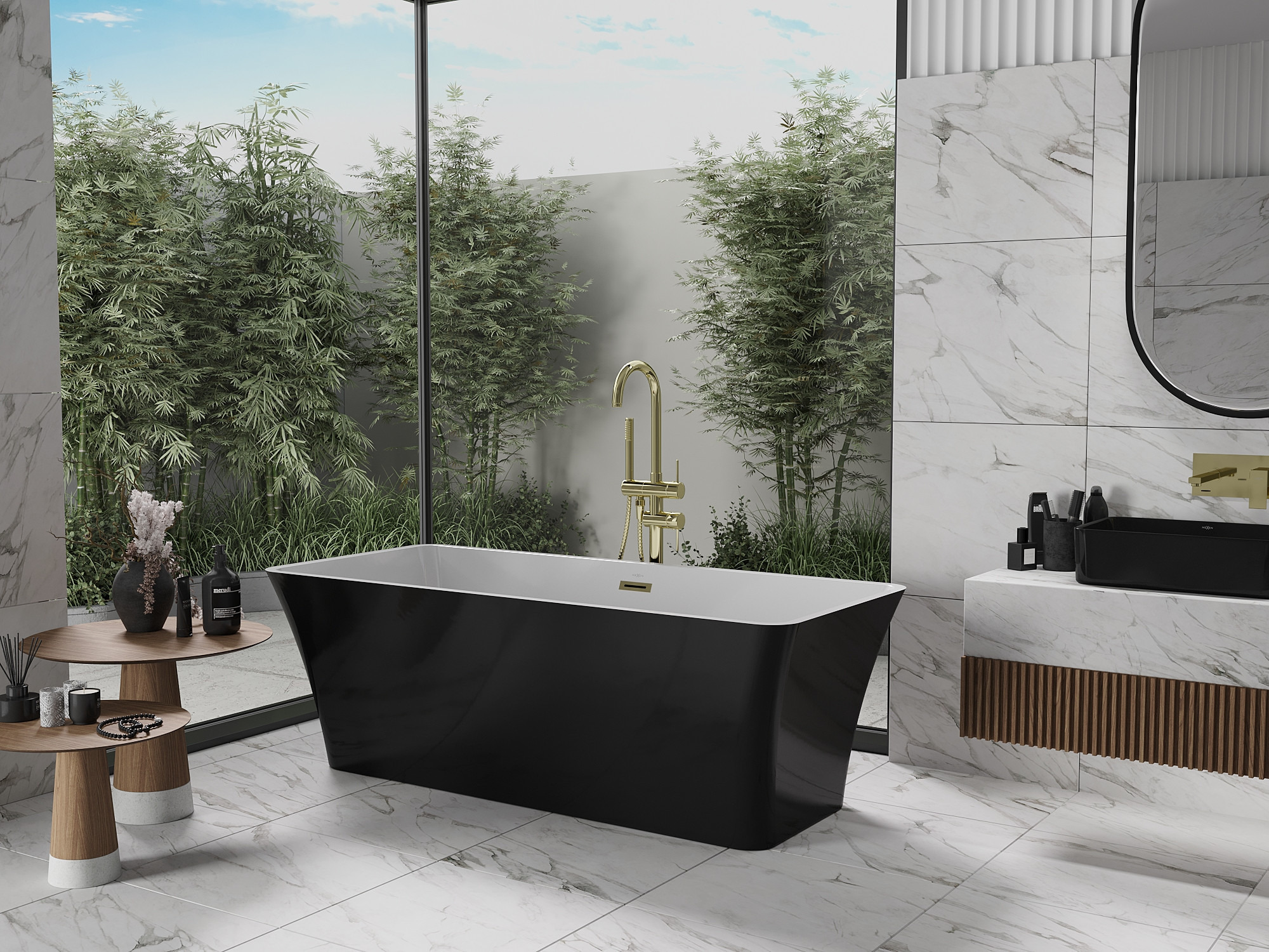 Melnbaltā un zelta kombinācija marmora vannas istabā