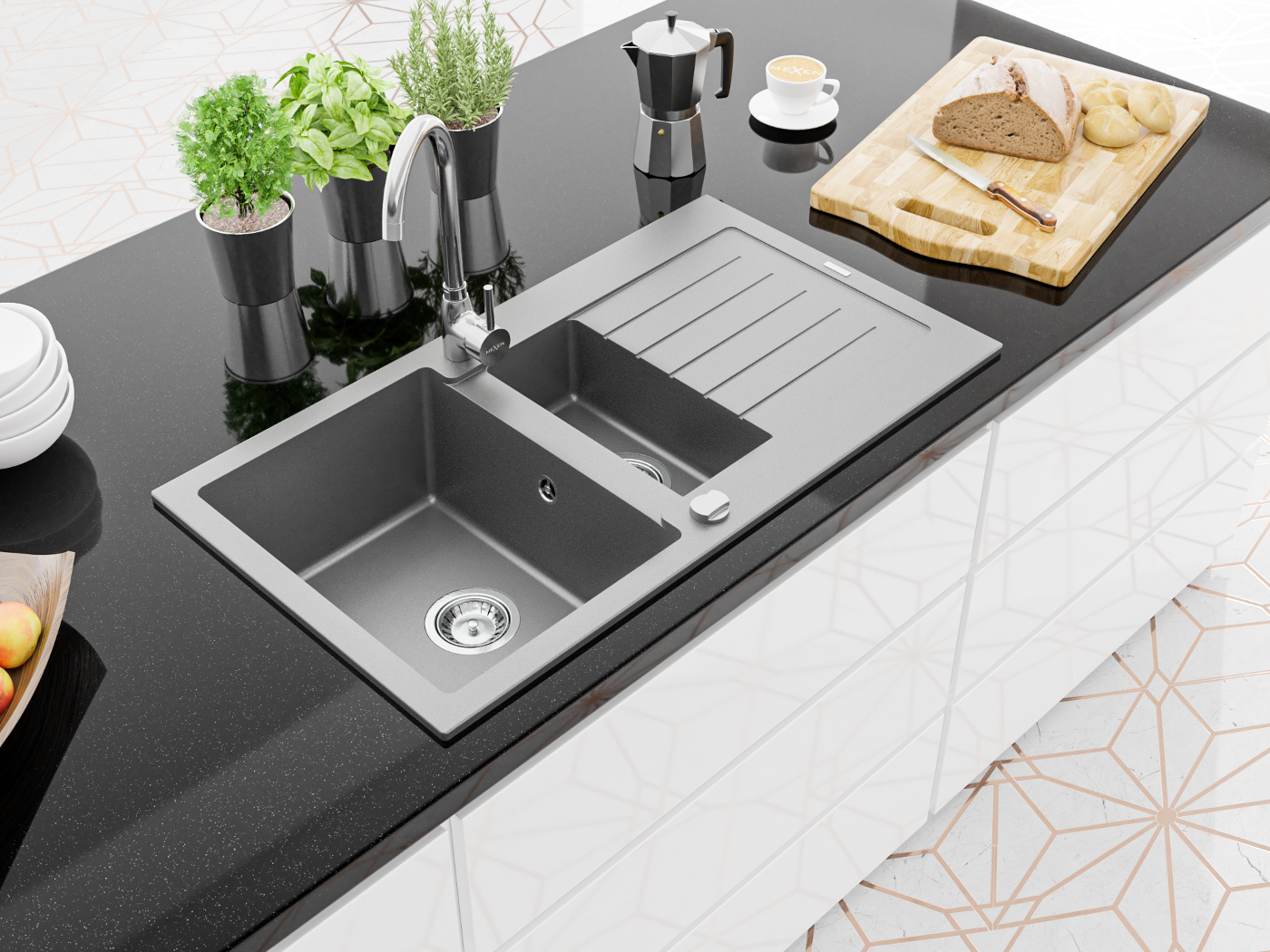 Balts, melns, pelēks modernajā virtuvē