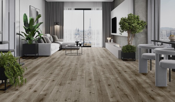 Mūsdienīgs salons ar koka imitācijas grīdu