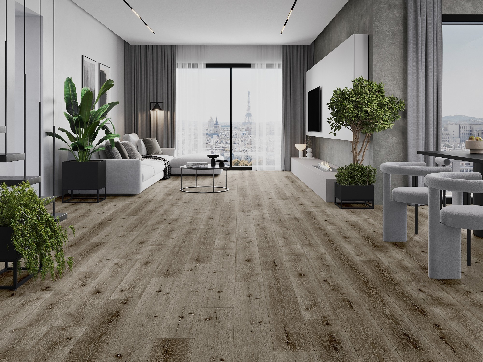 Mūsdienīgs salons ar koka imitācijas grīdu